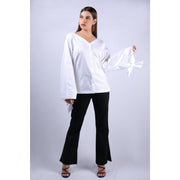 Front View Of Nadine Double Bow White Top With V Neckline And Full Sleeves 