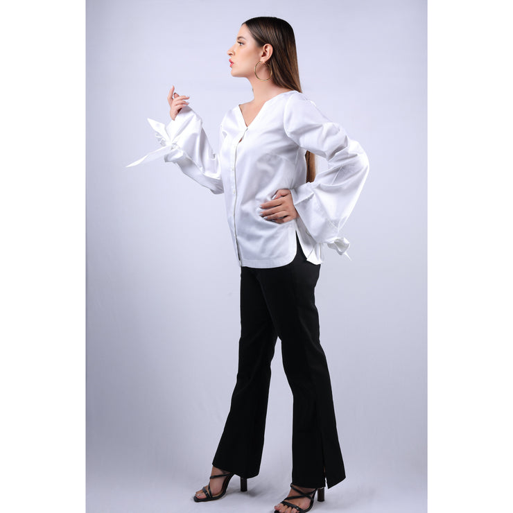 Side View Of Nadine Double Bow White Top With V Neckline And Full Sleeves 