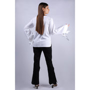 Back View Of Nadine Double Bow White Top With V Neckline And Full Sleeves 