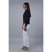 Audrey Black Neoprene Top Side View with White Pant 