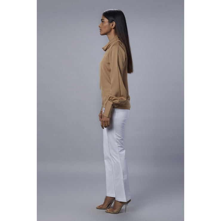 Colette Beige Cowl Neck Top Side View with White Pants 