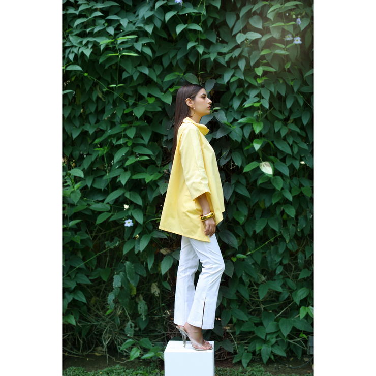 Side View of Alix Cotton Cowl Yellow Top